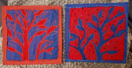 Red and blue appliqué trees