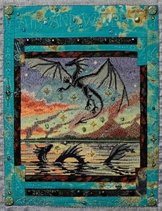 Needlepoint picture of a flying dragon and a sea dragon, against a sunset background of smoldering volcanoes 