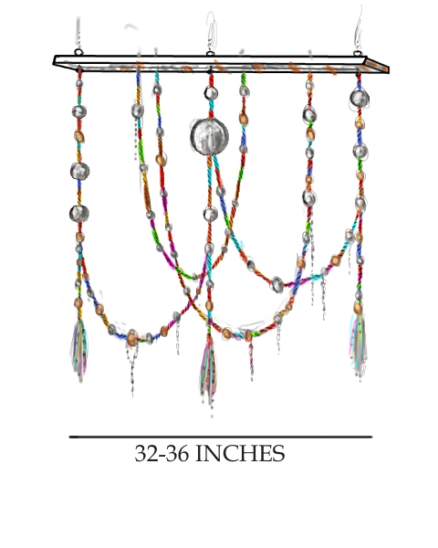 'Crystal Curtain' installation, with large clear round glass beads 6 to 1.5 inches across, on steel cables hung from an oak plank. Cables are wrapped in bright colored twisted fiber and beads.