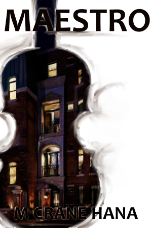 violin silhouette with an urban brownstone house at night