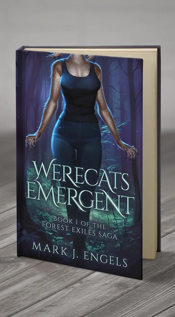 Fantasy book cover with a woman walking through a green forest; her arms are lightly furred and long claws sprout from her fingertips