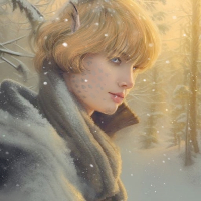 Young woman with piercing blue eyes, light red-gold hair, fangs, lynx ears, and dappled cheeks looks into a snowy sunset. 