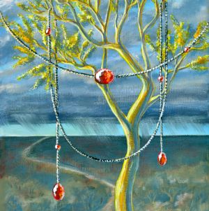 Against a stormy sky, a green-gold sunlit desert tree is draped in metal chains strung with vibrant red gemstone nuggets.