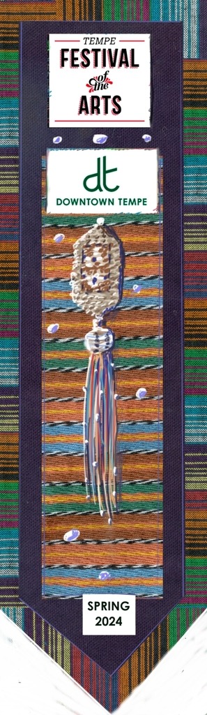 Sketch for Spring 2024 award ribbons for the Tempe Festival of the Arts. Dark purple linen ground, striped cotton edging, and orange and green striped center fabric are accented by beadwoven medallions and smoky-looking thread tassels. 