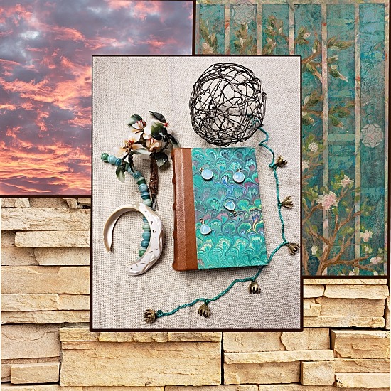 A moodboard by Marian Crane, inspired by R.B. Lemberg's YOKE OF STARS. In the upper left, a pink, blue, lavender twilight cloudscape. At upper right, a garden scene of deep teal and turquoise with stylized flowering almond branches. At bottom, tan sandstone blocks laid in a severe horizontal pattern. In center, a still life of a teal marble-paper and leather book, a string of brass bells on emerald cord, a spray of pink blown-glass flowers entwined with teal glass beads, a bracelet cut from an iridescent seashell, a scattering of opal-glass charms, and a hollow ball of twisted steel wire.